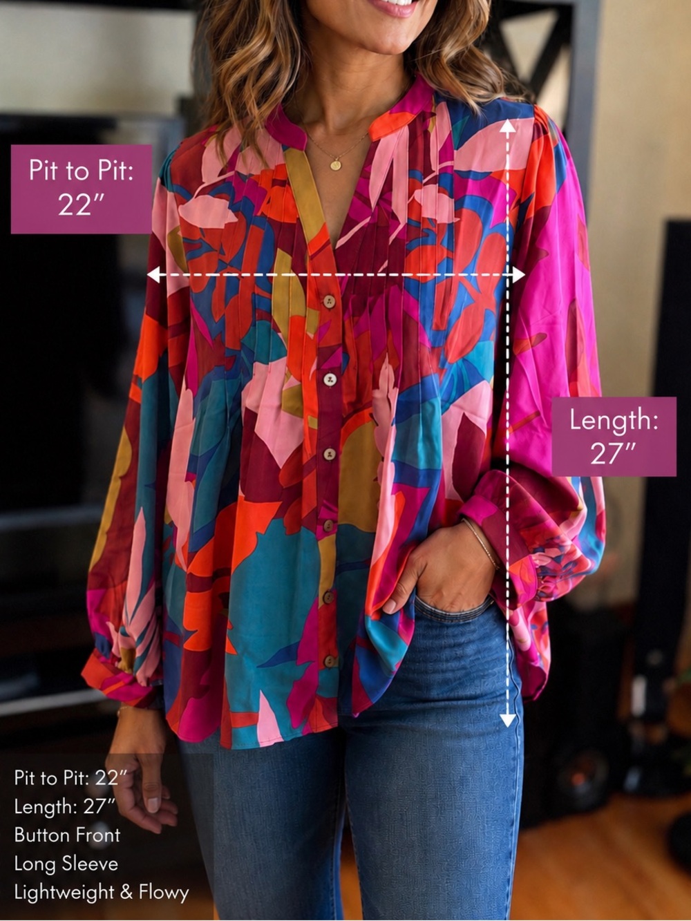 easel Boho Multi-Abstract Leaf Print Button-Front Blouse - Picture 3 of 5